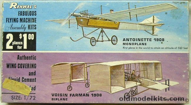 Renwal 1/72 2 for 1 Aeroskin Fabulous Flying Machines Antoinette 1908 Monoplane and Voisin Farman 1908 Biplane, 212-100 plastic model kit